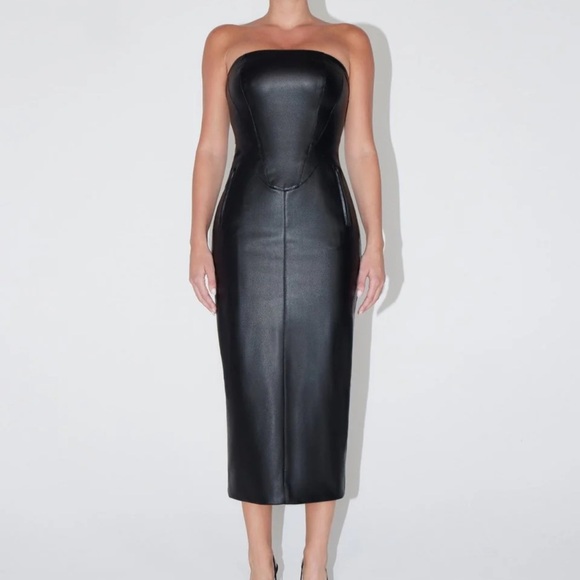 NWT! Mica’s Black Faux Leather Strapless Tube Midi Dress- Club Party Cocktail - Picture 1 of 11